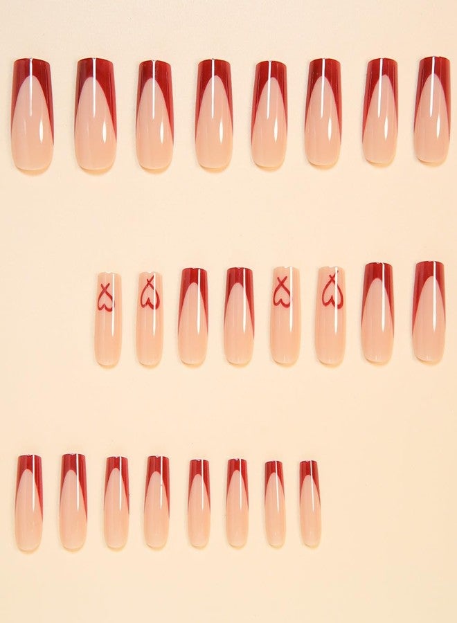 CTTHNBD Red French Tip Press on Nails Coffin - Medium Fake Nails with Heart Design - Glossy Full Cover Stick on Press ons for Women Manicure Kit 24 Pcs - Image 2
